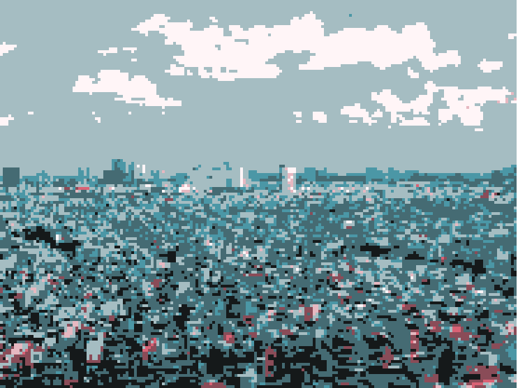 A pixelated cityscape in light blue, white, and pink.