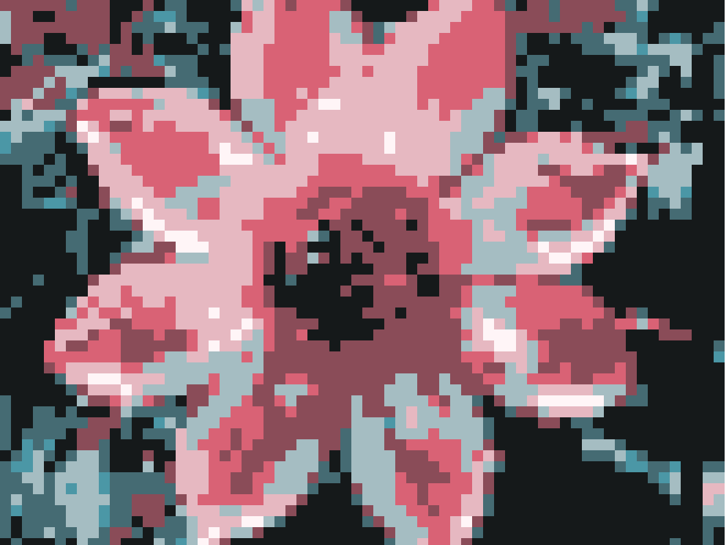 A pixelated flower in light blue, white, and pink.